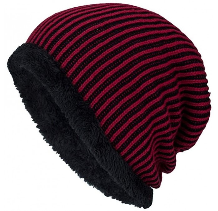 Skullies & Beanies Men Winter Stripe Knit Beanie Hats Wool Knit Warm Hat Ski Caps - Red - CA188O6GLA3 $15.69