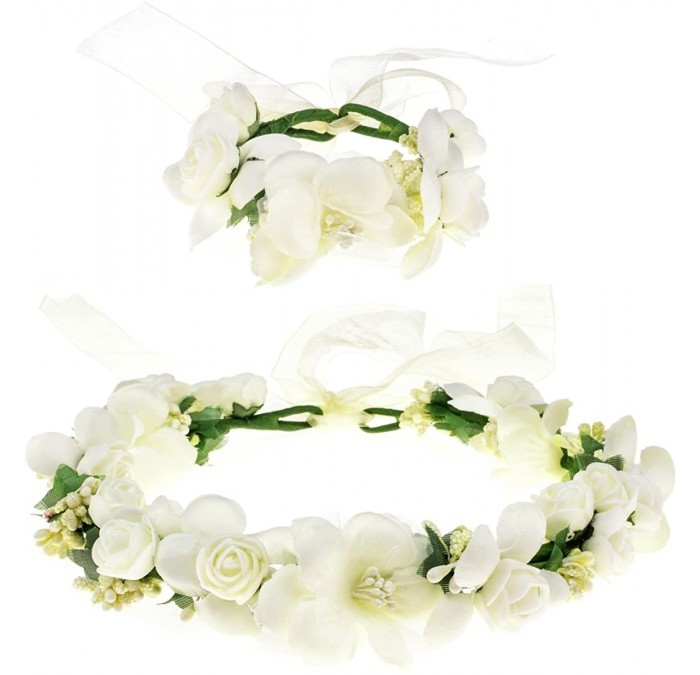 Headbands Rose Flower Crown Wreath Wedding Headband Wrist Band Set - Ivory - C318DQW70YX $11.42