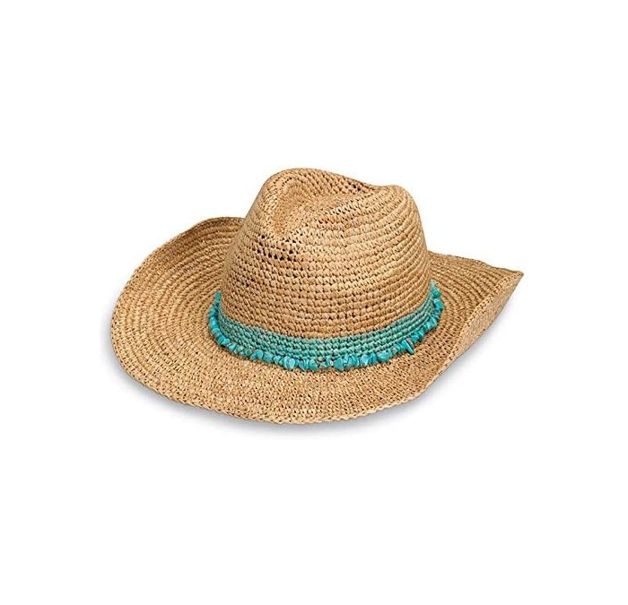 Sun Hats Women's Tahiti Cowboy Sun Hat - Raffia- Modern Cowboy- Designed in Australia. - Turquoise - CN11QGXJD5Z $84.18