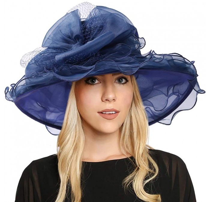 Sun Hats Women Kentucky Derby Church Dress Organza Hat Wide Brim Flat Hat S601 - S601-navy Blue - CC12EEXAET1 $21.16
