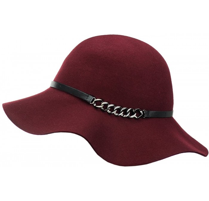 Bucket Hats Exclusive Women's Chain Link Band Wool Flop Brim Fedora Hat - Burgundy - C31274IMVDL $27.23