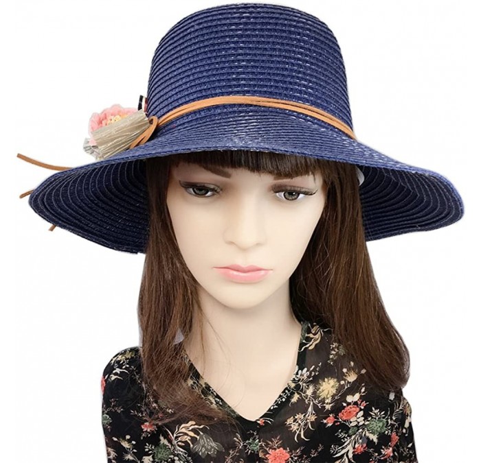 Sun Hats Women's Summer Sun Hat Foldable Floppy Organza Wide Brim Bucket Hat Straw Hat - Flower Navy Blue - C818EWD5LQW $22.58