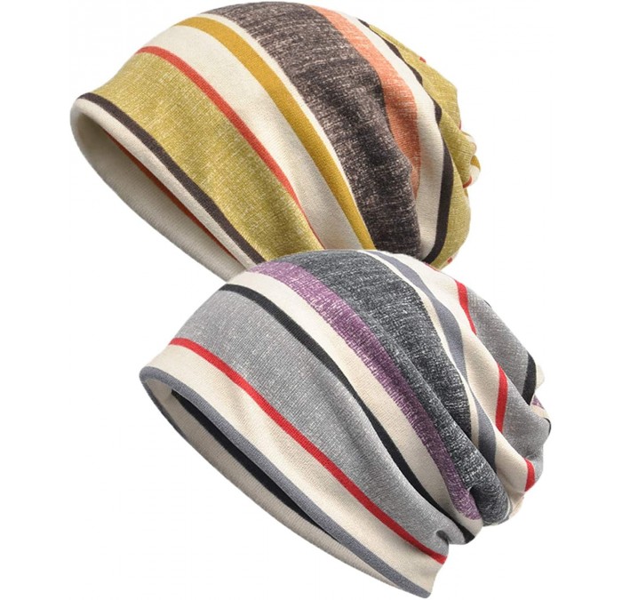 Skullies & Beanies Women's Cotton Beanie Lace Turban Soft Sleep Cap Chemo Hats Fashion Baggy Slouchy Hat - 2pack Stripe-yello...