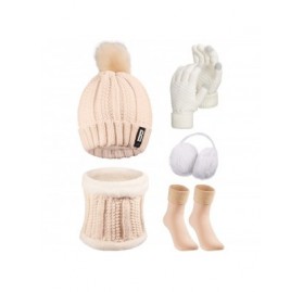 Skullies & Beanies 5 Pieces Women Winter Ski Outing Set- Knit Hat Scarf Gloves Earmuffs Stockings (Beige- Khaki) - CM18Y5HWNH...