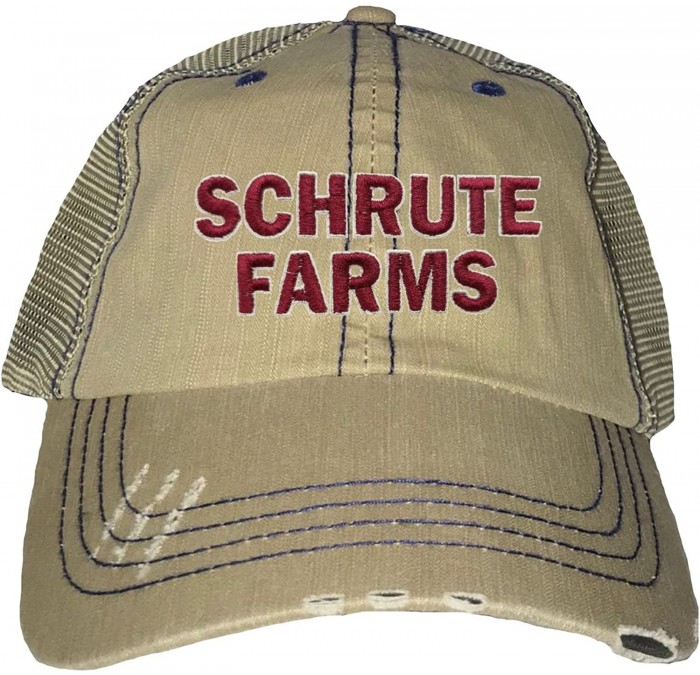 Baseball Caps Adult Schrute Farms Embroidered Distressed Trucker Cap - Khaki/ Navy - CE18C7DXDOO $53.49