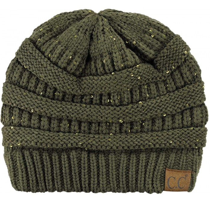 Skullies & Beanies Women's Sparkly Sequins Warm Soft Stretch Cable Knit Beanie Hat - New Olive - CM18IQGM4IS $35.27