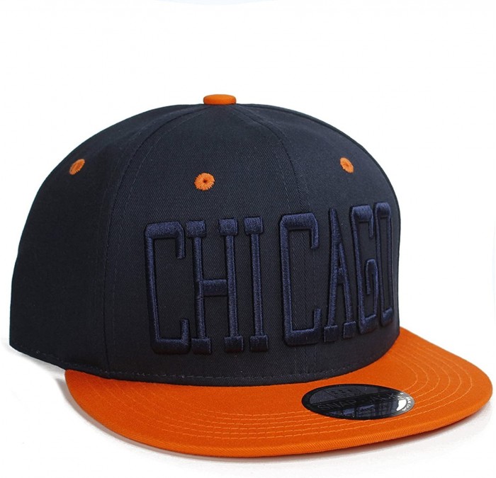 Baseball Caps USA Cities and States Flat Bill Block Script City Snapback Hat Cap - Chicago Navy Orange - C211X70WCO9 $10.35