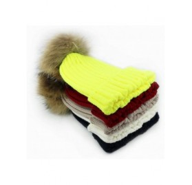 Skullies & Beanies Winter Soft Stretch Knitted Warm Beanie hat for Women Real Fur Raccoon pom pom Hat Ski Cap - Yellow - C518...