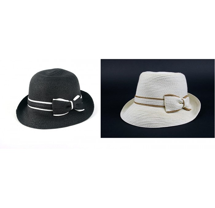 Bucket Hats Women's Classic Straw Cloche Bow Hat 960HF - 2 Pcs Black & Offwhite - CL11UGW9Q8V $74.95