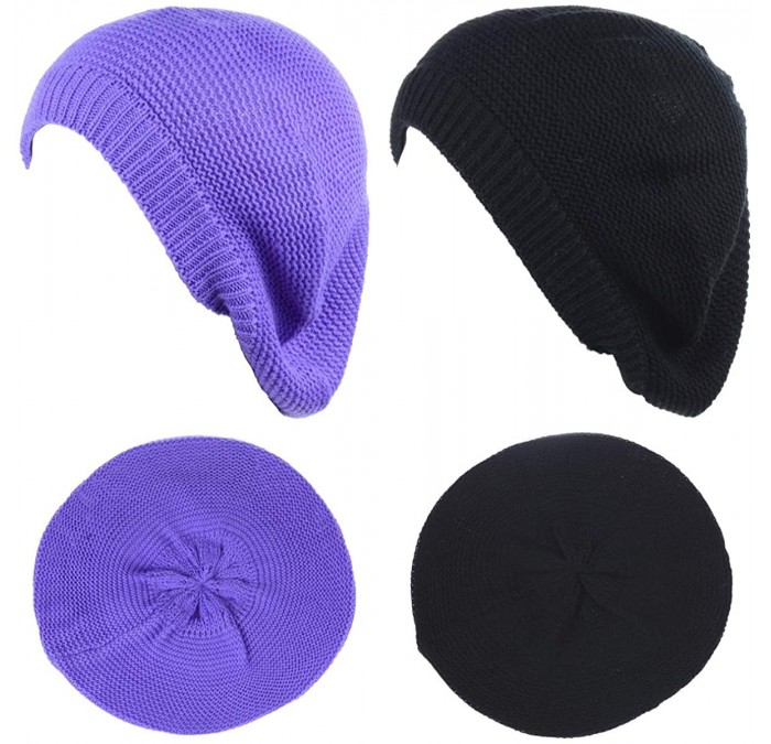 Berets Chic French Style Lightweight Soft Slouchy Knit Beret Beanie Hat in Solid - 2-pack Purple & Black - CG18LCC4Z5A $33.26