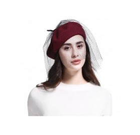 Berets Women's Franch Inspired Wool Felt Beret Hat with Veil Cocktail Hat - Bow-burgundy - CT187QGH9HA $11.07
