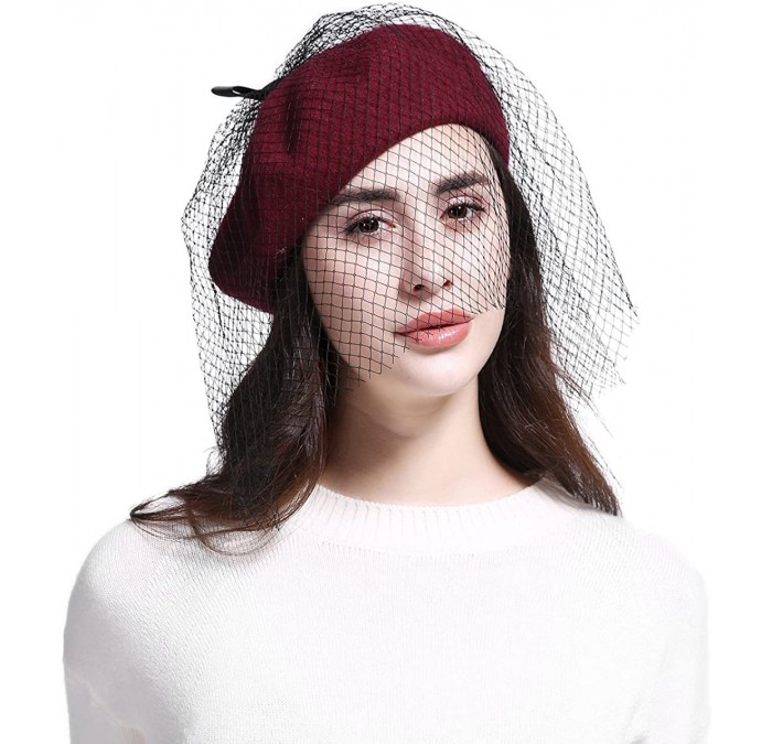 Berets Women's Franch Inspired Wool Felt Beret Hat with Veil Cocktail Hat - Bow-burgundy - CT187QGH9HA $29.20