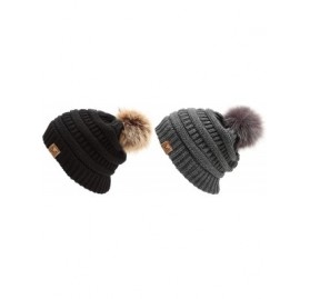 Skullies & Beanies Women's Soft Stretch Cable Knit Warm Skully Faux Fur Pom Pom Beanie Hats - 2 Pack - Black & Charcoal - CR1...