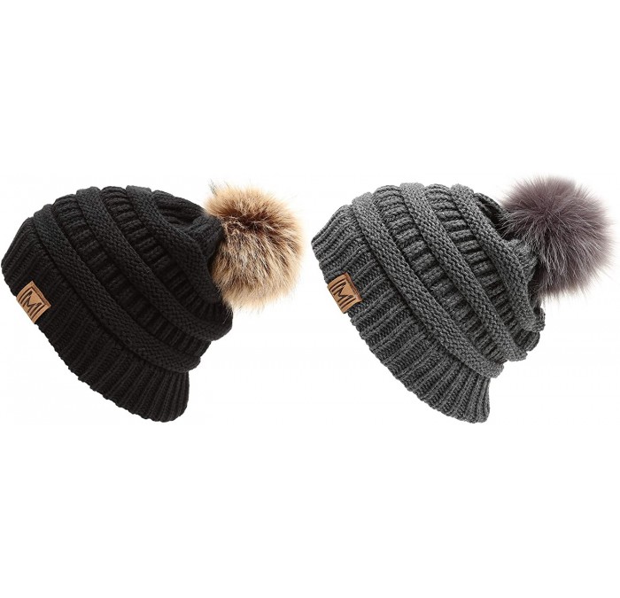 Skullies & Beanies Women's Soft Stretch Cable Knit Warm Skully Faux Fur Pom Pom Beanie Hats - 2 Pack - Black & Charcoal - CR1...