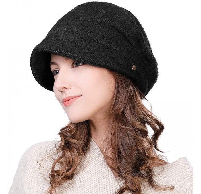 Newsboy Caps Wool Knitted Visor Beanie Winter Hat for Women Newsboy Cap Warm Soft Lined - 99139_black - CS18LDCNU4X $33.27