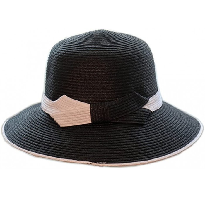Sun Hats Women Elegant Bowknot Floppy Beach Straw Hats Wide Brim Packable Sun Cap - Belt Black - CQ18EZSZZI2 $10.97