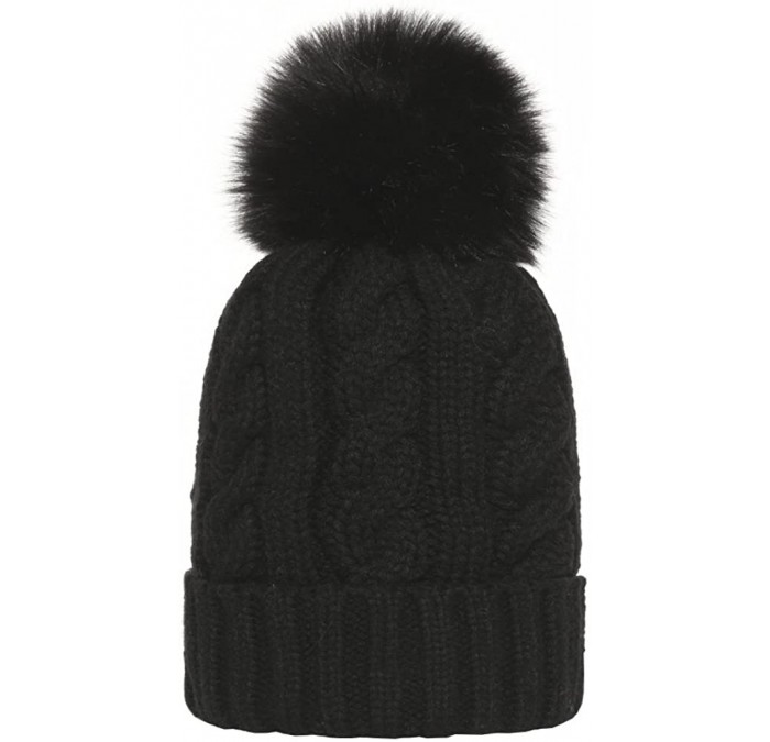 Skullies & Beanies Women Cable Knit Beanie Hat Winter Warm Pom Pom Cap Hats - Black - C21860DQR3Z $30.29