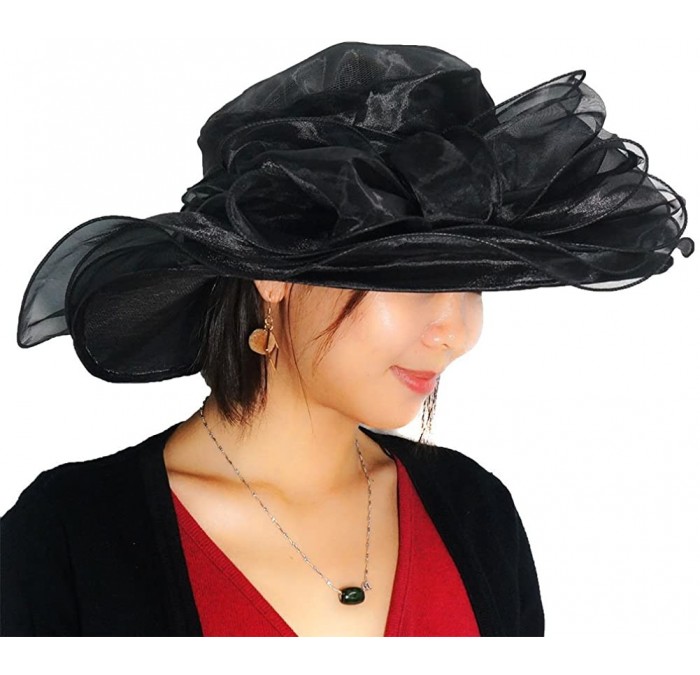 Sun Hats Women Race Hats Organza Hat with Ruffles Feathers - Black - C6187W5DR2N $40.07