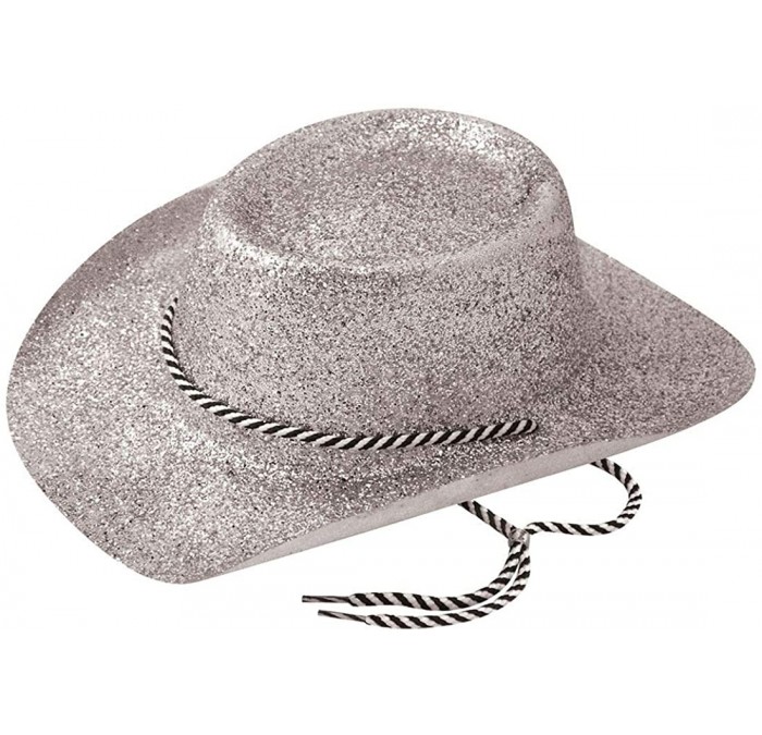 Cowboy Hats Mens Womens Glitter Cowboy Cowgirl with Cord Hat Adults Party Headwear Accessory One Size Fits Most - Silver - CZ...