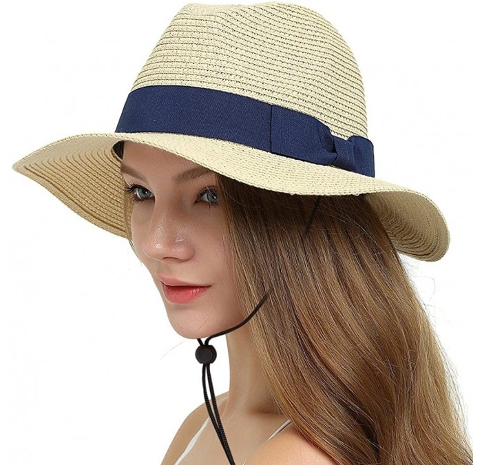 Sun Hats Womens Sun Hat with Wind Lanyard UPF Beach Packable Summer Cowboy Sun Straw Hats for Women Men - Khaki - CH18D3ZATD2...