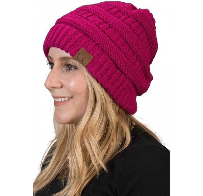 Skullies & Beanies Solid Ribbed Beanie Slouchy Soft Stretch Cable Knit Warm Skull Cap - Hot Pink - CD120DZ99FP $22.56