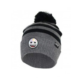 Skullies & Beanies Emoji Holographic Smiley Face Soft Stretch Marled Winter Beanie Hat with Pom Pom - Charcoal Striped Smile ...