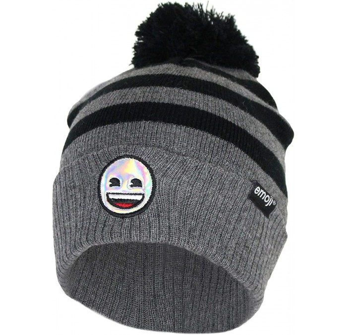 Skullies & Beanies Emoji Holographic Smiley Face Soft Stretch Marled Winter Beanie Hat with Pom Pom - Charcoal Striped Smile ...