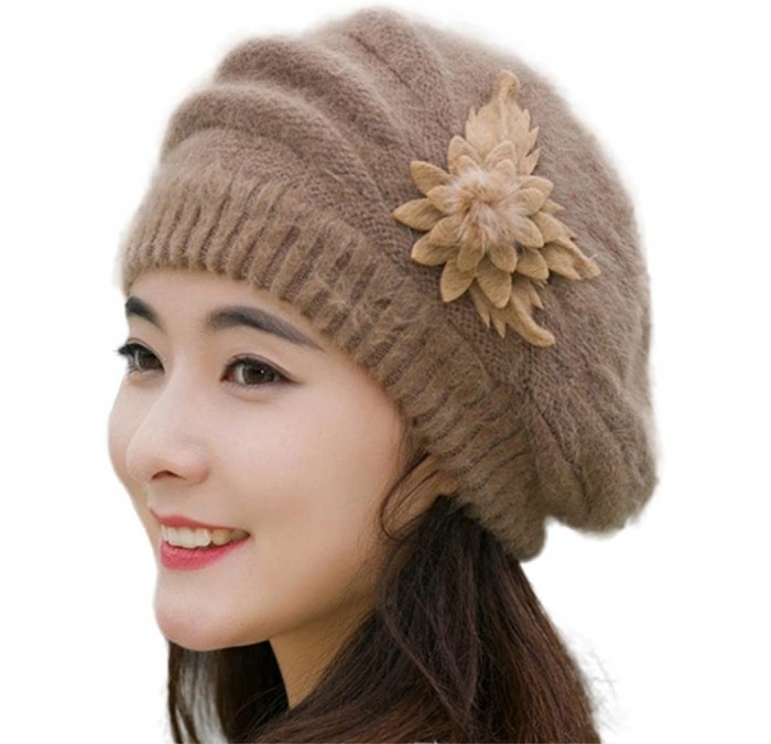 Berets Fashion Womens Flower Knit Crochet Beanie Hat Winter Warm Cap Beret - Khaki - CO12NB61314 $19.90
