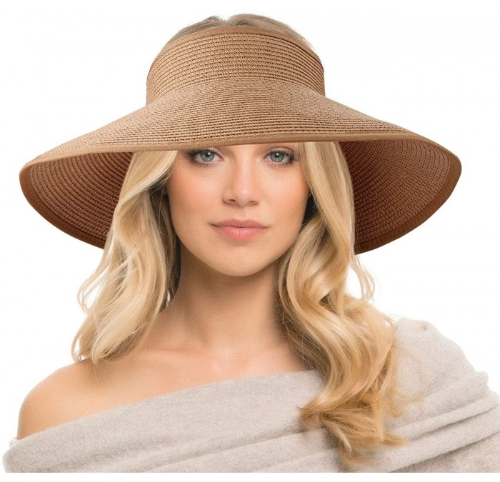 Visors Straw Visors for Women- Summer Foldable Wide Brim Beach Sun Visor Hat Roll Up - Khaki - CD18U30GWMH $17.98