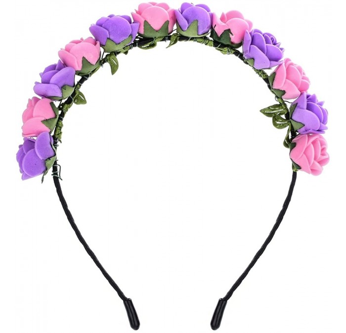 Headbands Boho Floral Crown Rose Flower Headband Hair Wreath - Pink Purple - CD18G7780WW $17.31