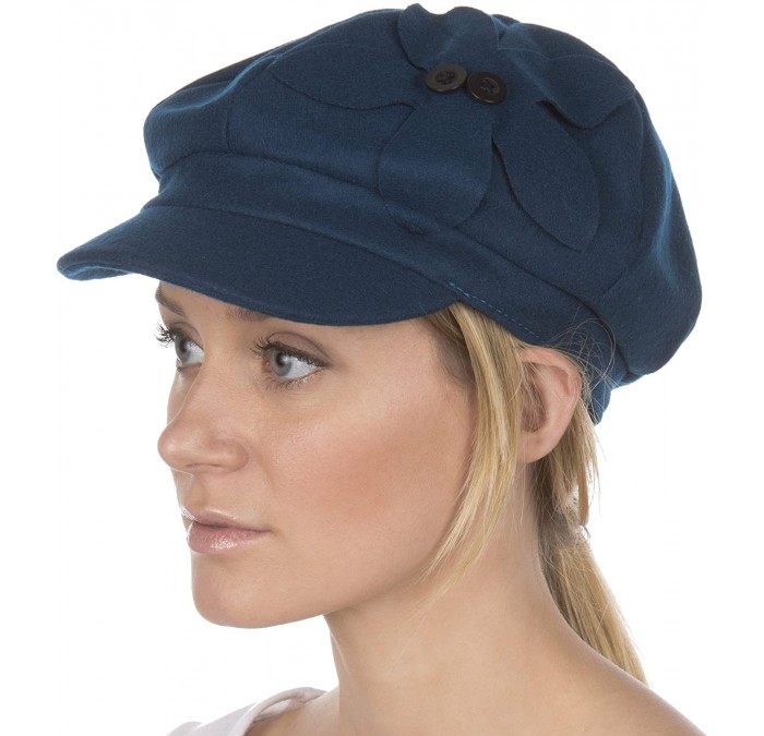 Newsboy Caps Sasha Wool Newsboy Cabbie Hat with Button Flower - Blue - C3117BFY7DF $34.51