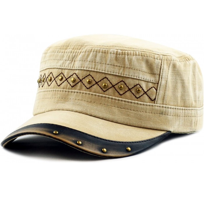 Baseball Caps Cadet Cap- Light Weight Cotton Leather Accent Washed Military Hat - Khaki - CF125IZGXPT $9.22