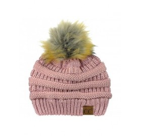 Skullies & Beanies Exclusive Soft Stretch Cable Knit Faux Fur Pom Pom Beanie Hat - Rose Metallic - CD1875M52WX $15.83