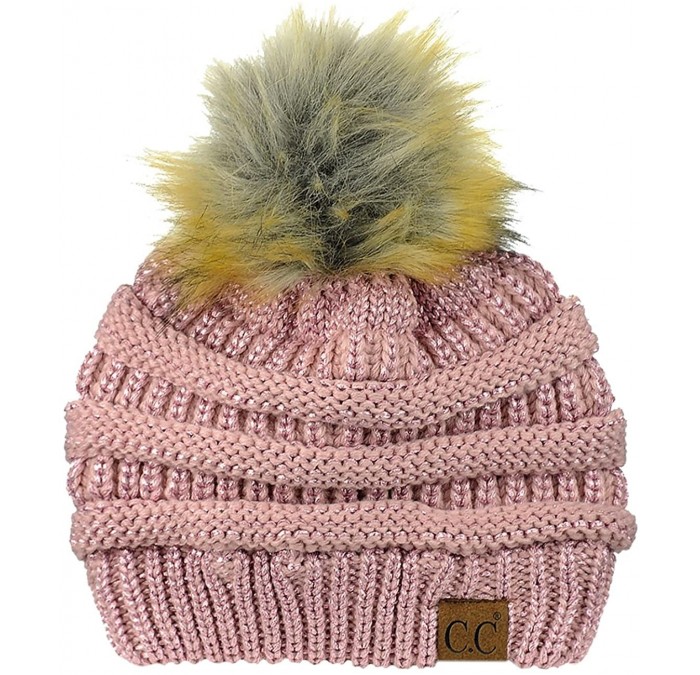Skullies & Beanies Exclusive Soft Stretch Cable Knit Faux Fur Pom Pom Beanie Hat - Rose Metallic - CD1875M52WX $25.67