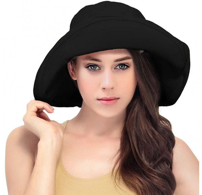 Sun Hats Women's Summer Cotton Bucket Beach Hat Foldable Sun Hat - Black - CW18DI999ZZ $17.61