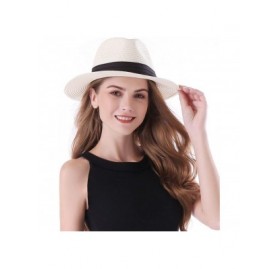 Fedoras Women Panama Straw Sun Hat Foldable Wide Brim Fedora Beach Sun Caps - White - CW18E6C6SR3 $11.65