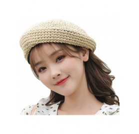 Berets Straw Beret Solid Plain Flat Top Woven Berets French Style Painters Hat Cap - Beige - CA18S58KSRR $28.84