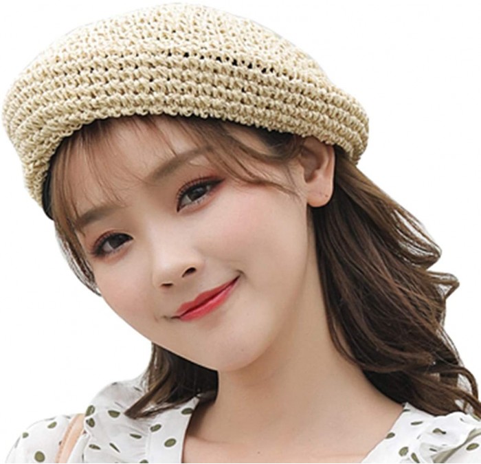 Berets Straw Beret Solid Plain Flat Top Woven Berets French Style Painters Hat Cap - Beige - CA18S58KSRR $29.17