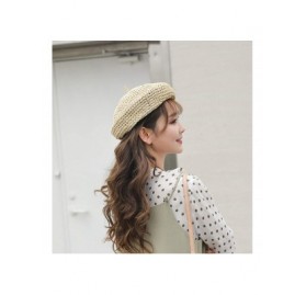 Berets Straw Beret Solid Plain Flat Top Woven Berets French Style Painters Hat Cap - Beige - CA18S58KSRR $28.84