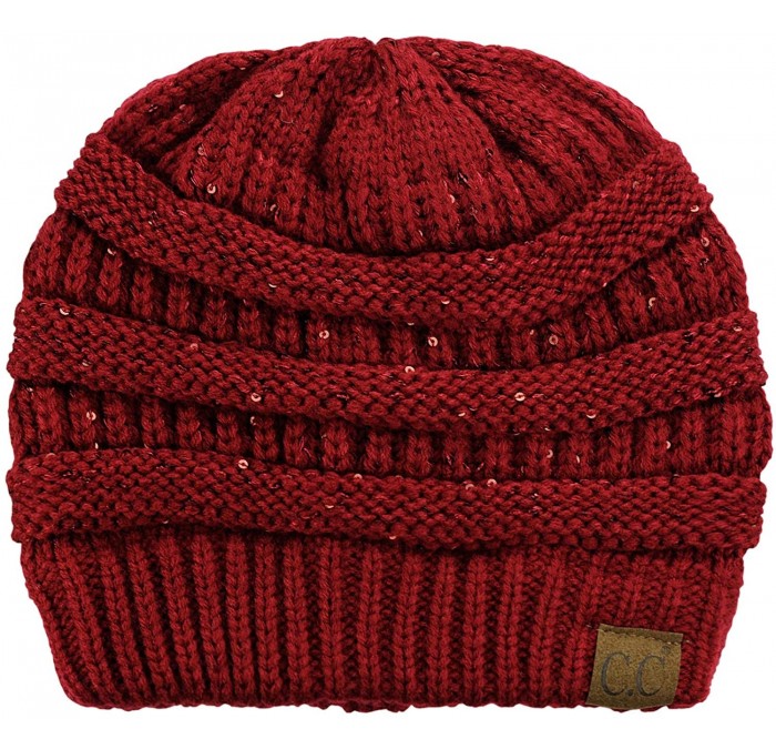 Skullies & Beanies Women's Sparkly Sequins Warm Soft Stretch Cable Knit Beanie Hat - Burgundy - C018IQHNEYI $30.81