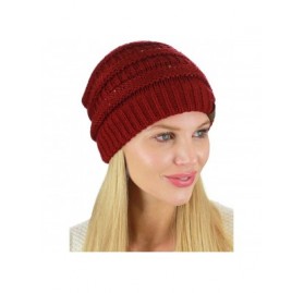 Skullies & Beanies Women's Sparkly Sequins Warm Soft Stretch Cable Knit Beanie Hat - Burgundy - C018IQHNEYI $12.73
