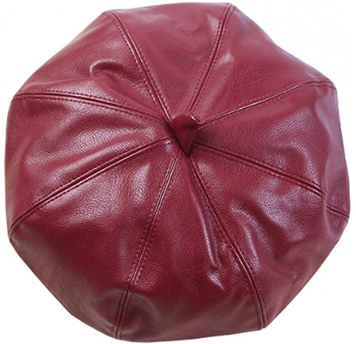 Berets Women Faux Leather Solid Beret French Artist Tam Beanie Hat Cap - 0464 Burgundy - CR1938H6ZUT $16.33