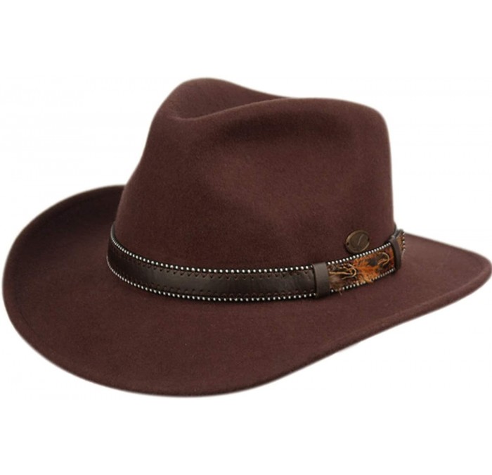 Fedoras Indiana Jones Style Men's Wool Felt Outback Fedora with Grosgrain or Faux Leather Band - He58brown - CM18LDKM3WL $86.79