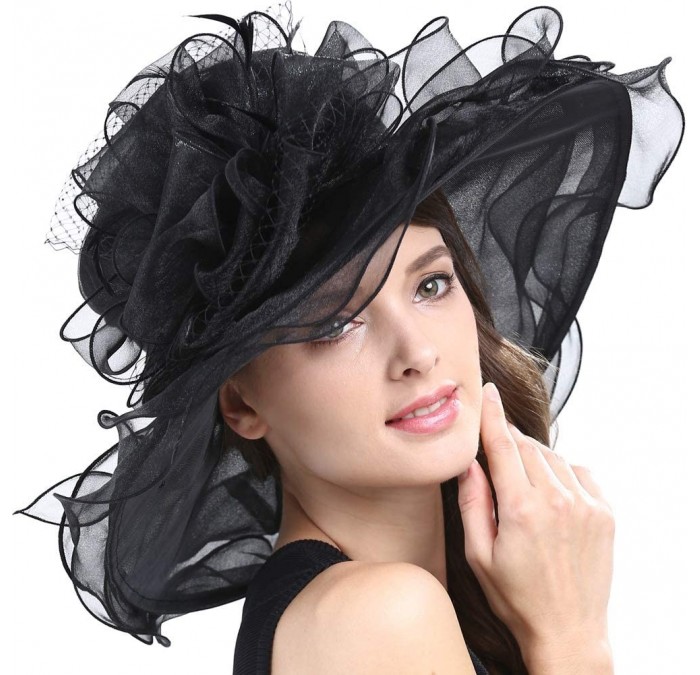 Sun Hats Women's Organza Feather/Veil Party Occasion Event Kentucky Derby Church Dress Sun Hat Cap - Black - CA127B8MNFF $59.87