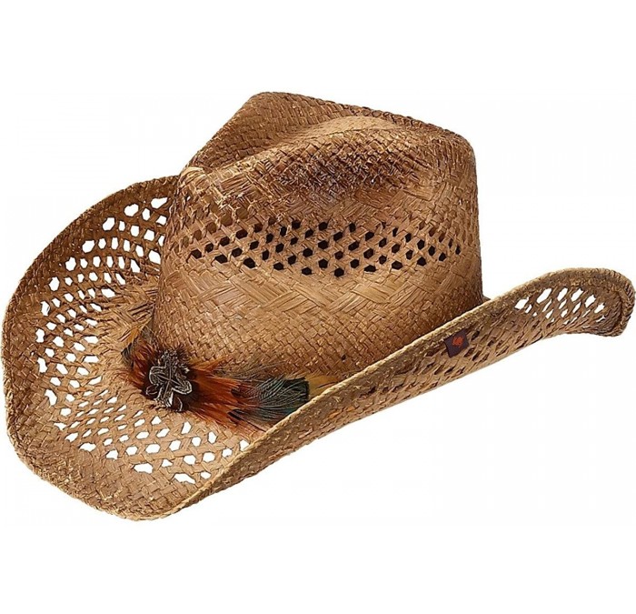 Cowboy Hats Women's Shawnee Feather Hat Band Straw Cowgirl Brown One Size - C3111OY2MQ3 $98.51