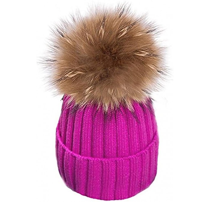 Skullies & Beanies Womens Girls Warm Winter Raccoon Fur Pom Pom Ball Knit Beanie Skull Hat - Hot Pink - CY188TG27GI $10.78