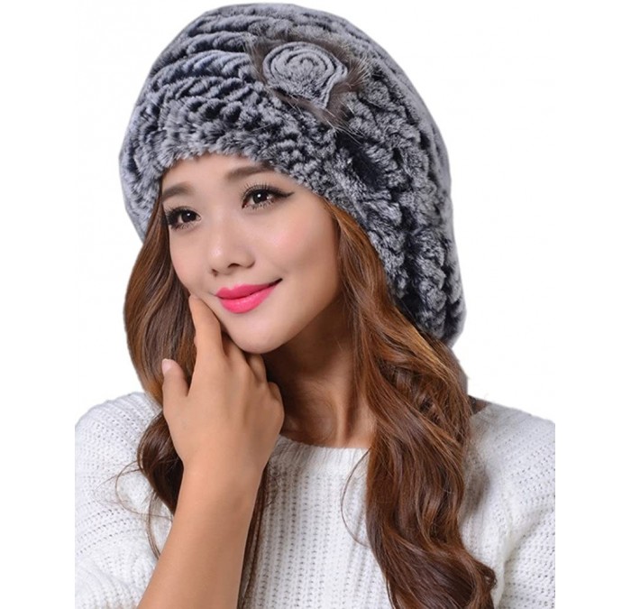 Berets Women's Winter Rex Rabbit Fur Beret Hat with Fur Flower - Grey - C812NQYLCLJ $46.21
