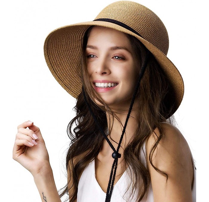Sun Hats Womens Wide Brim Sun Hat with Wind Lanyard UPF Summer Straw Sun Hats for Women - Khaki - CI18CQMYTEL $24.27