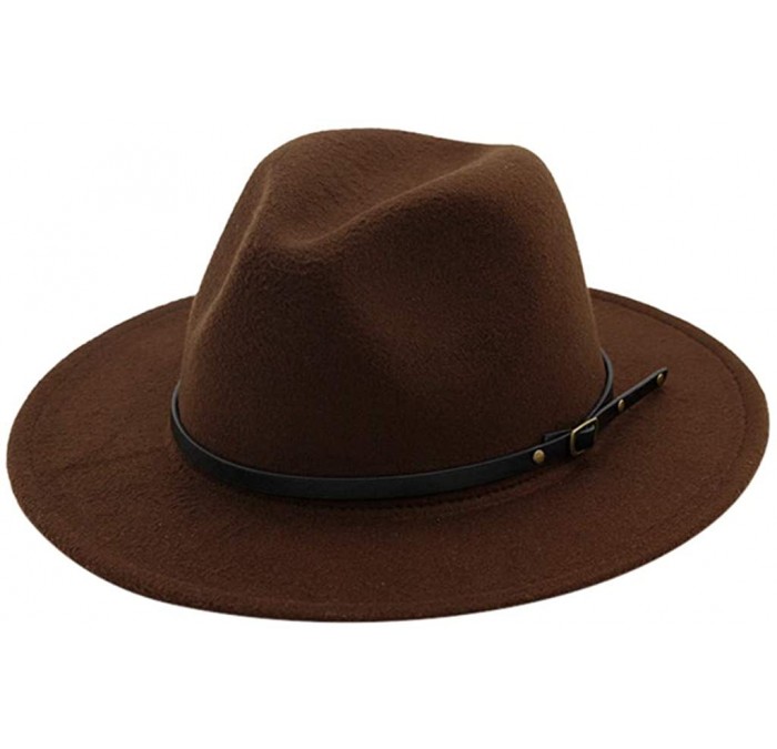 Fedoras Women's Vintage Fedora Hat Lady Retro Wide Brim Hat with Belt Buckle Unisex Classic Cotton Panama Hat - Coffee - CU19...