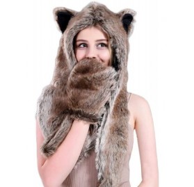 Bomber Hats Animal Hood Faux Fur Hat with Scarfs Mittens Ears and Paws 3 in 1 Soft Warm Winter Headwear - Brown Grey - CH18KL...
